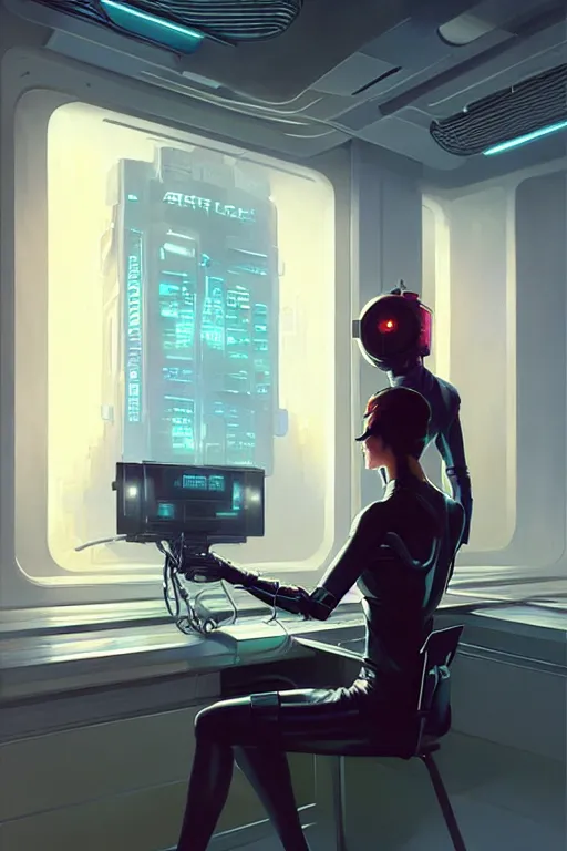 Image similar to futuristic office, cyberpunk, painting by greg rutkowski, j. c. leyendecker, artgerm