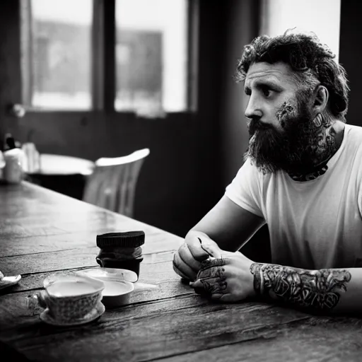 Image similar to black and white press photograph, highly detailed portrait of a depressed tattooed middle age man drug dealer sitting by the table, detailed face looking into camera, eye contact, natural light, mist, fashion photography, film grain, soft vignette, sigma 85mm f/1.4 1/10 sec shutter, Darren Aronofsky film still promotional image, IMAX 70mm footage