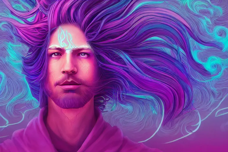 Image similar to cell shaded, muted vaporwave ombre. double exposure, druid of creativity, flowing hair, beautiful character fashion design, by josan gonzalez, shag, nagel, and paul lehr and david heskin and seb mckinnon and jared s. merantz and alex grey, hi - fructose, 8 k, digital matte painting