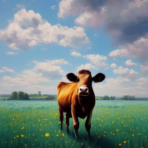 Image similar to Hyper realistic oil painting of a cow standing in the middle of a field of daisies, blue sky, high contrast, by greg rutkowski, trending on artstation