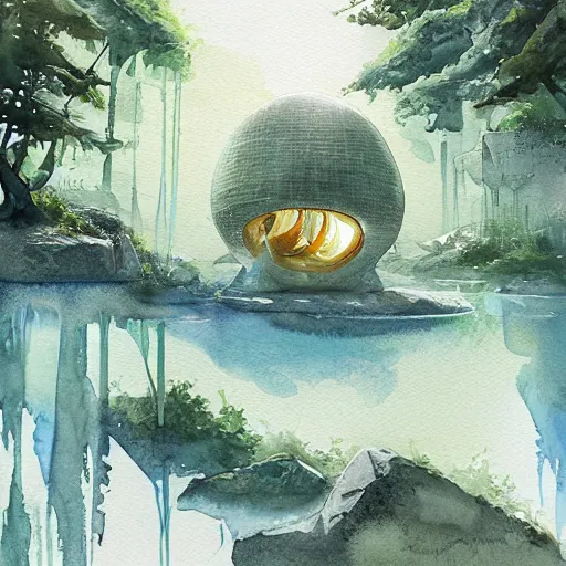 Image similar to beautiful happy picturesque charming sci - fi organic pod - like homes of the future in a beautiful natural scene. water, trees and rocks. beautiful light. soft colour scheme. beautiful artistic detailed watercolor by lurid. ( 2 0 2 2 )