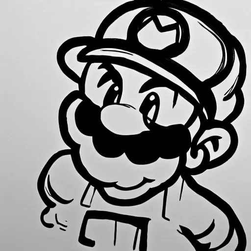 Image similar to continuous single line contour - drawing of supermario, pen on white paper