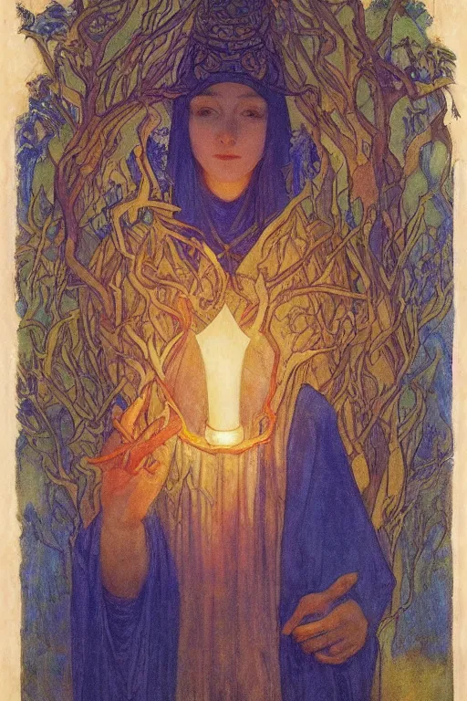 Image similar to queen of the forest with her lantern, by Annie Swynnerton and Nicholas Roerich and jean delville, dramatic cinematic lighting , ornate headdress , flowing robes, lost civilizations, extremely detailed