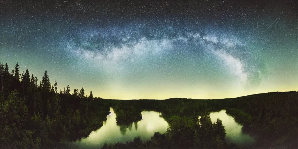 Prompt: a detailed beautiful matte painting of a forested river valley under a starry night sky, moon reflecting on water, by Mikko Lagerstedt and Raphael Lacoste, fisheye lens