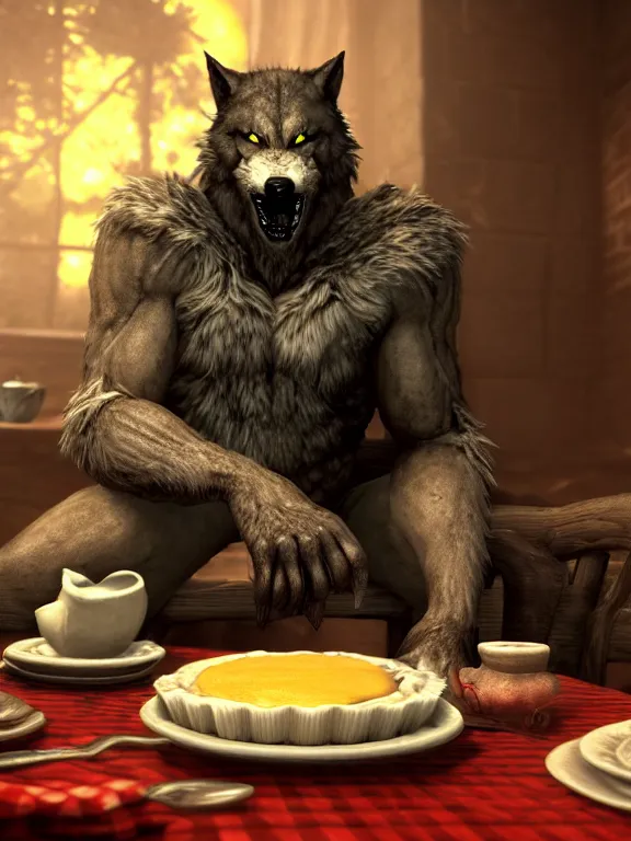 Prompt: cute handsome cuddly burly surly relaxed calm timid werewolf from van helsing sitting down at the breakfast table in the kitchen of a normal suburban home cooking having fun baking strawberry tart cakes unreal engine hyperreallistic render 8k character concept art masterpiece screenshot from the video game the Elder Scrolls V: Skyrim