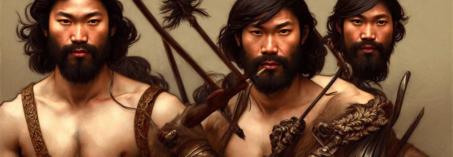 Image similar to renaissance upper body portrait of a gruff ranger with a spear, Asian, lean and toned, handsome face, hairy chest, D&D, intricate, elegant, highly detailed, digital painting, artstation, concept art, matte, sharp focus, illustration, art by da Vinci, Artgerm and Greg Rutkowski and Alphonse Mucha