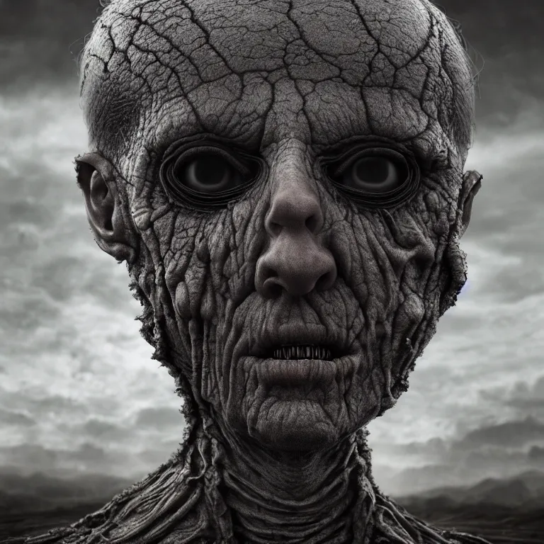 Image similar to ribbed man face portrait, baroque painting, standing in a desolate empty wasteland, creepy, nightmare, dream-like heavy atmosphere, surreal abandoned buildings, beautiful detailed intricate insanely detailed octane render trending on Artstation, 8K artistic photography, photorealistic, chiaroscuro, Raphael, Caravaggio, Beksinski, Giger