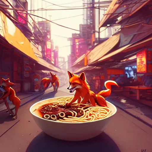 Image similar to splash art of cute female anthropomorphic vulpes vulpes fulva eating ramen noodles by a stand in the crowded street of a cyberpunk city : by weta, greg rutkowski, wlop, ilya kuvshinov, rossdraws, artgerm, octane render, liosh, mucha