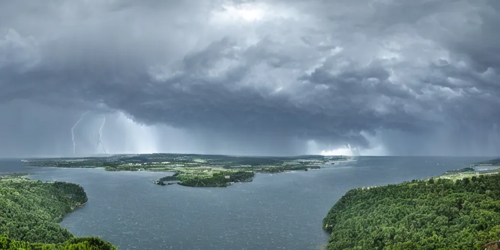 Image similar to the view from the sea of a town on the hill, rain and thunderstorm