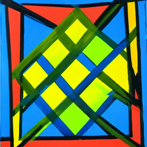 Prompt: painting, four rectangle and one triangle shapes, in blue, in yellow, in green, divided by black lines