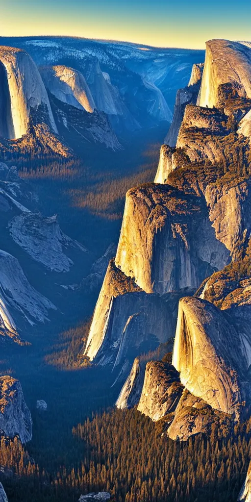 Prompt: wide angle shot of spectacular aerial view looking down on Yosemite National Park, early morning, cinematic lighting, epic, highly detailed, HD, Volumetric lighting, Octane Render