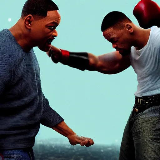 Image similar to will smith fighting a giant will smith visually stunning, cinematic, ultra realistic, hyper realism, 1 2 k, epic