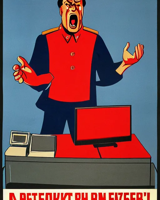 Image similar to soviet propaganda poster of an angry communist developer yelling at his computer