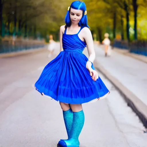 Image similar to a beautiful young woman in a blue elmer dress + sparkling ruby shoes on her feet + sense of wonder