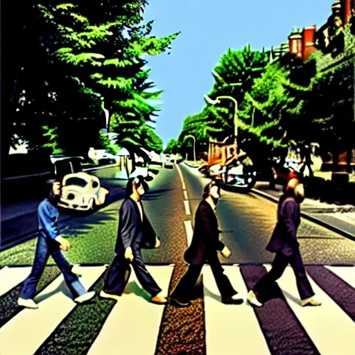 Image similar to an alternative cover of the famous Abbey Road album by the Beatles, hyper detailed