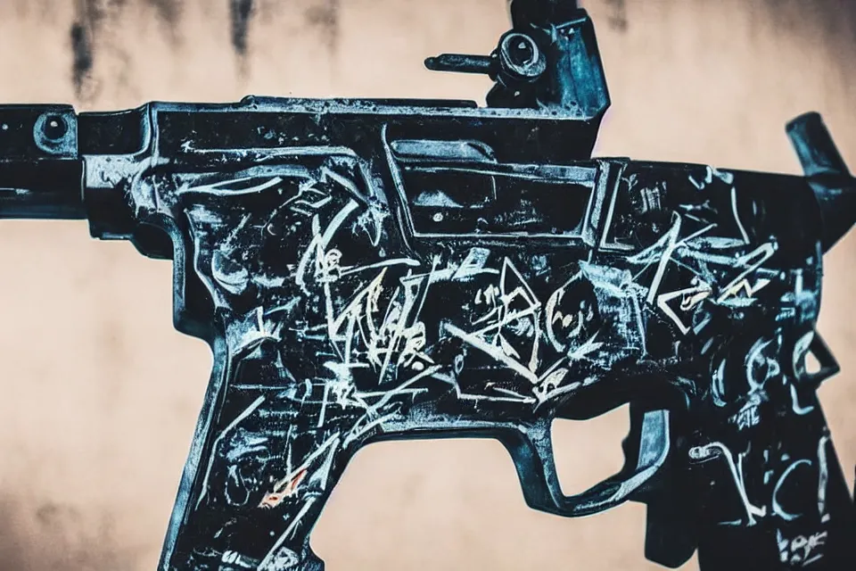 Prompt: cool style graffiti on a cyberpunk gun that says left