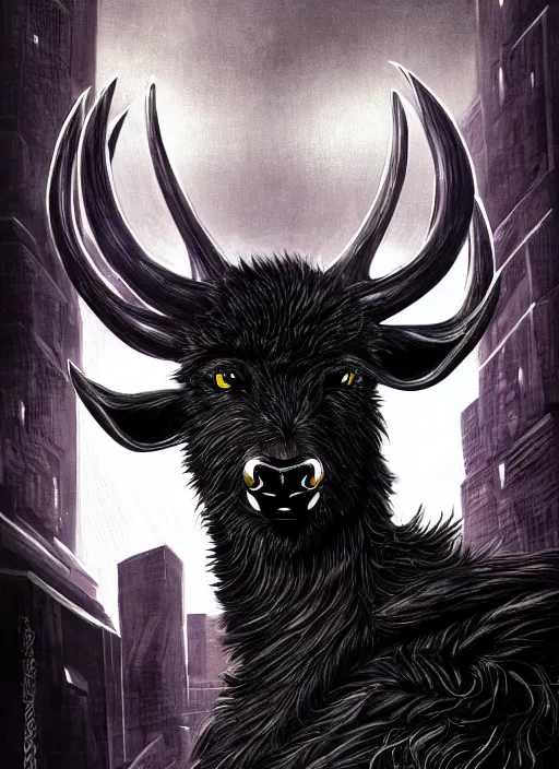 Image similar to aesthetic portrait commission of a of a male fully furry anthro black deer with a tail and a beautiful attractive hyperdetailed face wearing wearing a outfit in a sci - fi dystopian city at golden hour while it storms in the background. character design by dayer, diego 5, detailed, inked, western comic book art, award winning film poster painting