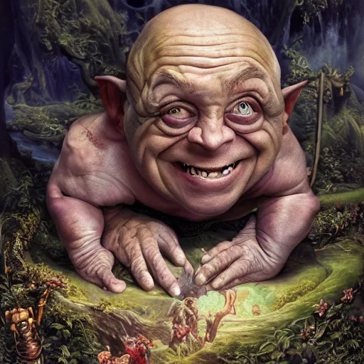 Prompt: Danny Devito as Mystical Gollum, Realistic, Regal, Refined, Detailed Digital Art, Michael Cheval, Walt Disney (1937), François Boucher, Oil Painting, Steampunk, Highly Detailed, Cinematic Lighting, Unreal Engine, 8k