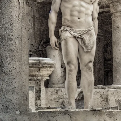 Prompt: portrait of Achilles, standing in ruins, fallen columns, highly detailed face, photo realistic, facial features, tom chambers photography