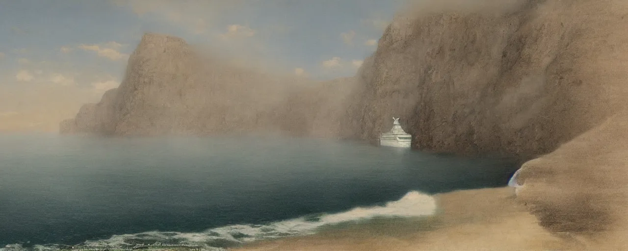 Prompt: cruise ship near misty black cliffs over steamy water by Fernand Khnopff, matte painting