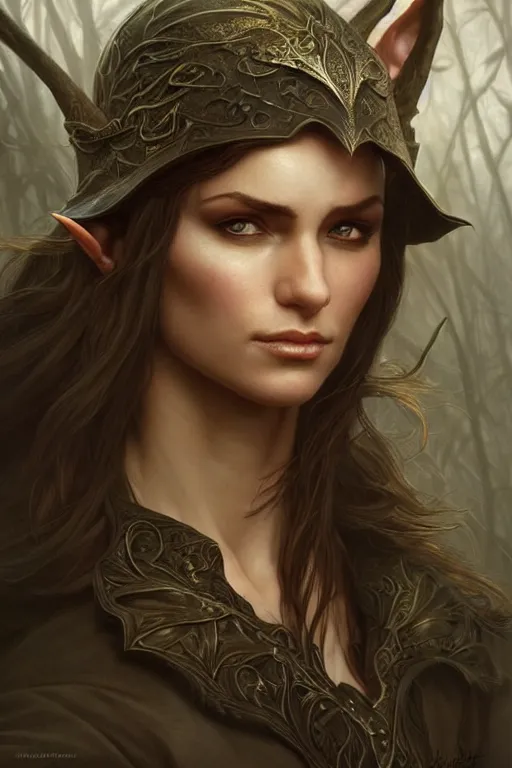 Image similar to portrait of a elven ranger, dark, piercing eyes, gentle expression, elegant clothing, photorealistic, highly detailed, artstation, smooth, sharp focus, art by michael whelan, artgerm, greg rutkowski and alphonse mucha