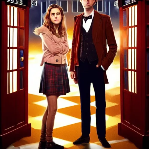 Image similar to david tennant as tenth doctor who and emma watson as hermione granger in tardis, a colorized photo by hinchel or, tumblr, fantastic realism, colorized, handsome, da vinci