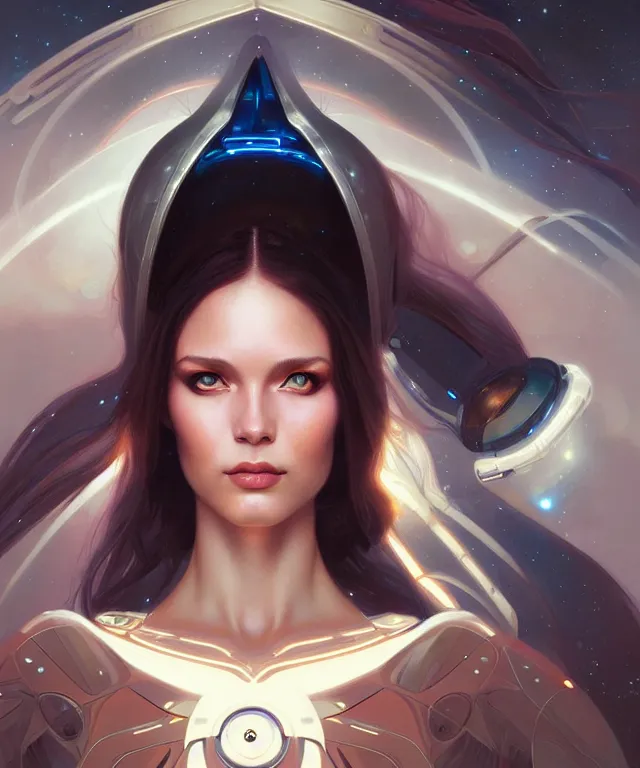 Image similar to futuristic space woman portrait, sci-fi, amber eyes, face, long hair, fantasy, intricate, elegant, highly detailed, digital painting, artstation, concept art, smooth, sharp focus, illustration, art by artgerm and greg rutkowski and alphonse mucha