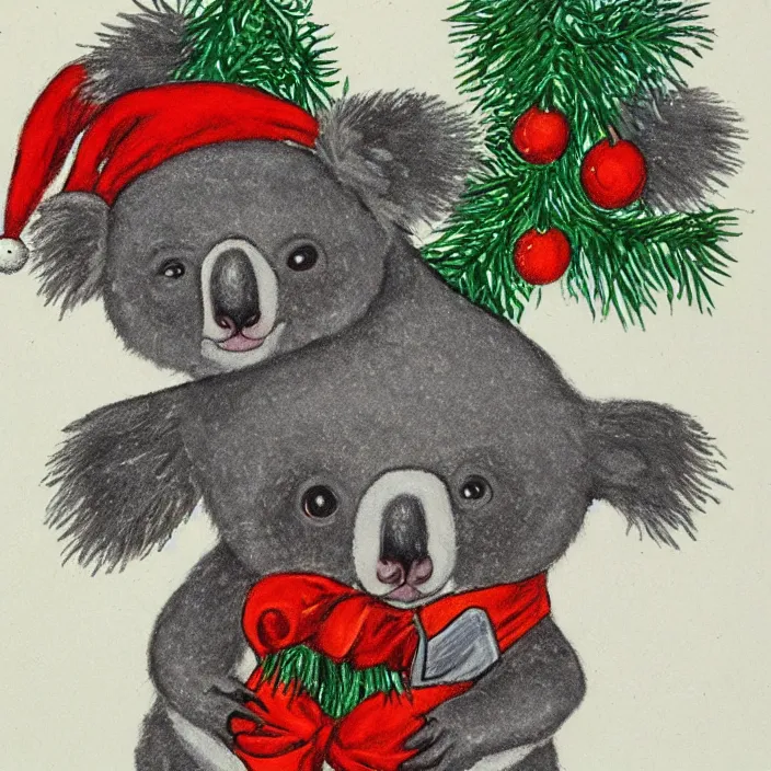 Image similar to a cute koala wearing a christmas hat by louis wain