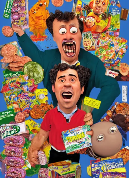 Image similar to hyperrealistic mark ruffalo caricature screaming on a dartboard surrounded by big fat frankfurter sausages with a trippy surrealist mark ruffalo screaming portrait on wallace and gromit by and norman rockwell and lisa frank, mark ruffalo caricature dartboard with hot dogs, cereal box