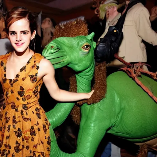 Prompt: photo of Emma Watson as an actual camel at a Halloween party. The Hulk is riding the camel and has flowers in his hair.