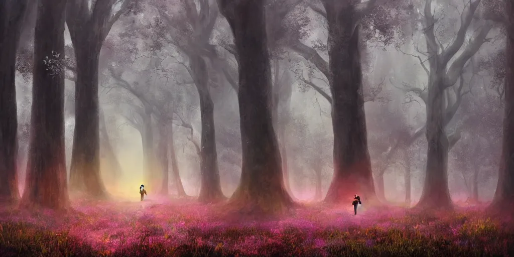 Prompt: an dark wizard of old walking through an open field with his staff in a beautiful forest of ancient neurons and pink and yellow glowing synapses running through the forest, huge incredibly immense trees, highly detailed, hyperrealism, cgsociety, 8k, ancient forest like fanal forest, misty forest, realistic painting, sharp image, hyper realistic art, cinematic, art by konstantin razumov, chiaroscuro