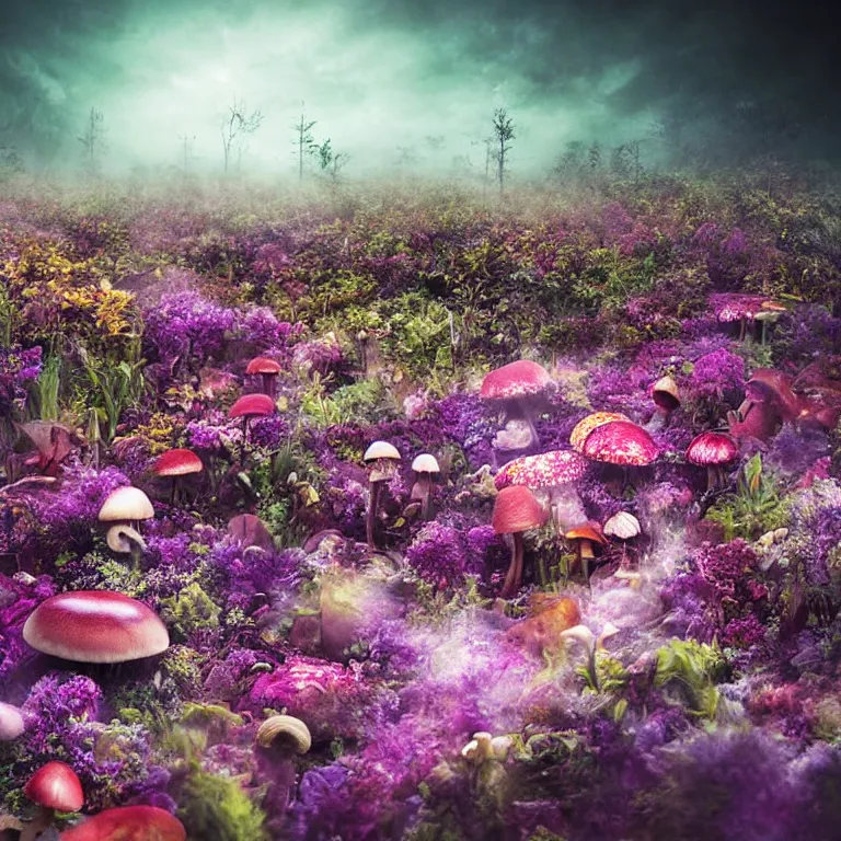 Image similar to a planet of various fungus, mushrooms, flowers and plants, inside the picture is infinity, Atmospheric, artistic photography, conceptual, long exposure outside the city, volumetric light