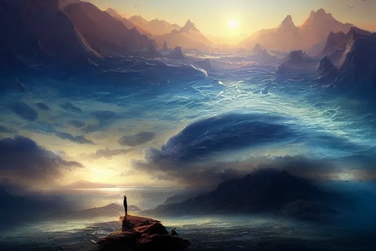 Prompt: the sky is an upside down ocean filled with fish, a mountain rises into the ocean from below, fantasy painting by jessica rossier