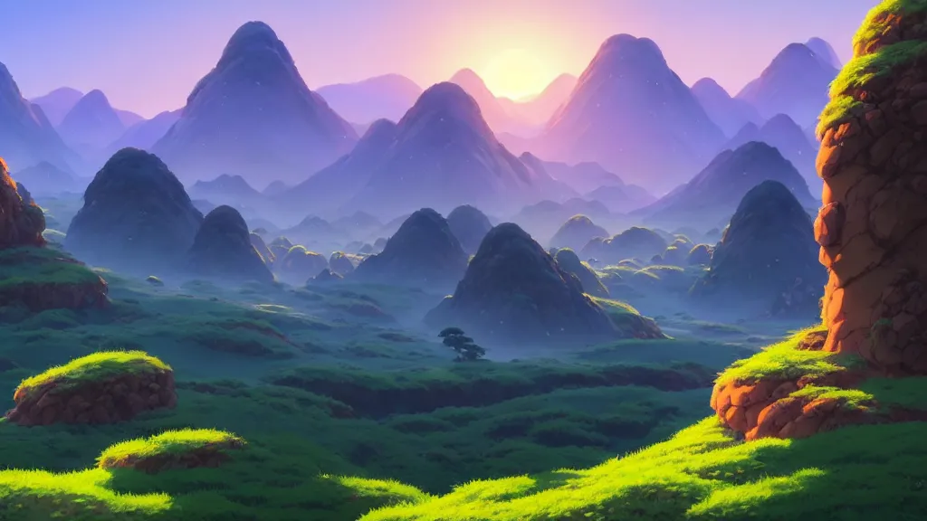 Image similar to hills and mountains landscape, studio ghibli, pixar and disney animation, sharp, rendered in unreal engine 5, highly detailed, digital painting, artstation, concept art, smooth, sharp focus, illustration, wide angle, artbook, wallpaper, splash art, promo art, dramatic lighting, art by artgerm and greg rutkowski and bo chen and jin xiaodi