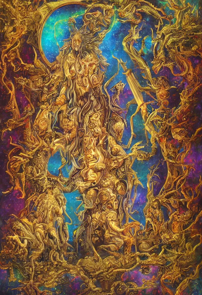 Prompt: terrible throne of the gnostic lunar mythos, award winning oil painting, iridescent color palette