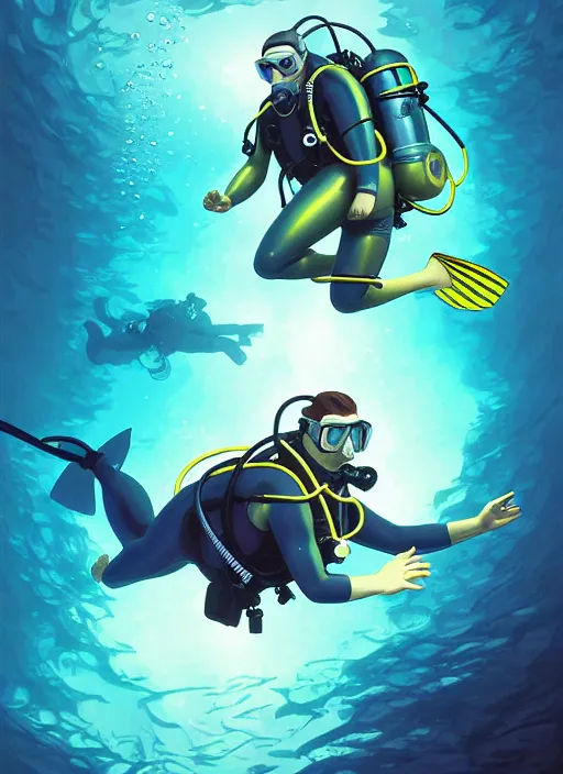 Image similar to underwater scuba diver eric pickles, natural lighting, path traced, highly detailed, high quality, digital painting, by don bluth and ross tran and studio ghibli and alphonse mucha, artgerm