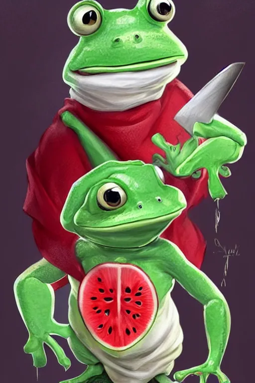 Prompt: cute anthropomorphic frog wearing a white butcher coat with a white butcher hat and holding a cleaver, cutting a wipe red watermellon, tiny, small, miniature frog, baby animal, short, pale blue armor, cute and adorable, pretty, beautiful, DnD character art portrait, matte fantasy painting, cgsociety Artstation, by Jason Felix by Steve Argyle by Tyler Jacobson by Peter Mohrbacher, cinematic lighting