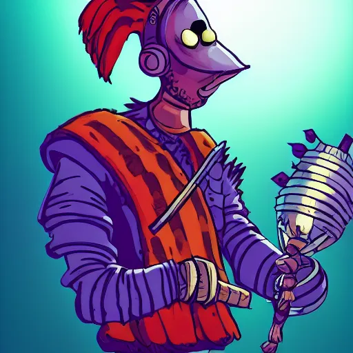 Image similar to nigel thornberry wearing medieval armor, smashing a watermelon, cyberpunk, vivid, neon, universe background