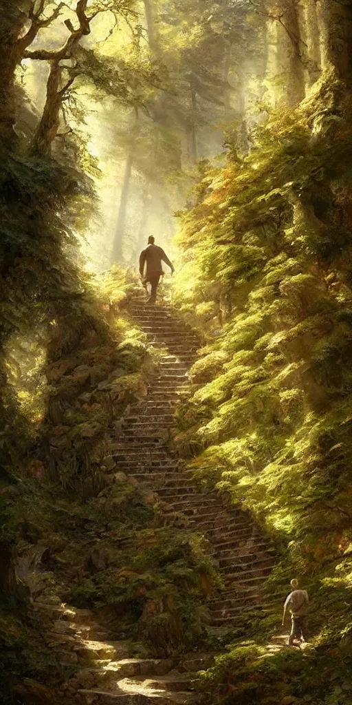 Image similar to a man walking up a steep and winding staircase, in beautiful woods, intricate, dappled lighting, elegant, highly detailed, oil painting, artstation, concept art, sharp focus, beautiful illustration, society, by justin gerard and artgerm, 4 k