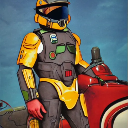 Image similar to Master Chief posting for a fireman pinup calendar