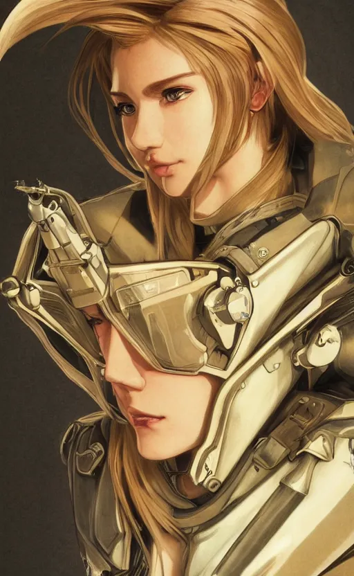 Image similar to side portrait of mechanized valkyrie, anime style, leather jacket, ace pilot, blonde hair, hair down, symmetrical facial features, from arknights, hyper realistic, 4 k, rule of thirds, extreme detail, detailed drawing, safebooru, hd, top gun, realistic lighting, by alphonse mucha, greg rutkowski, backlit