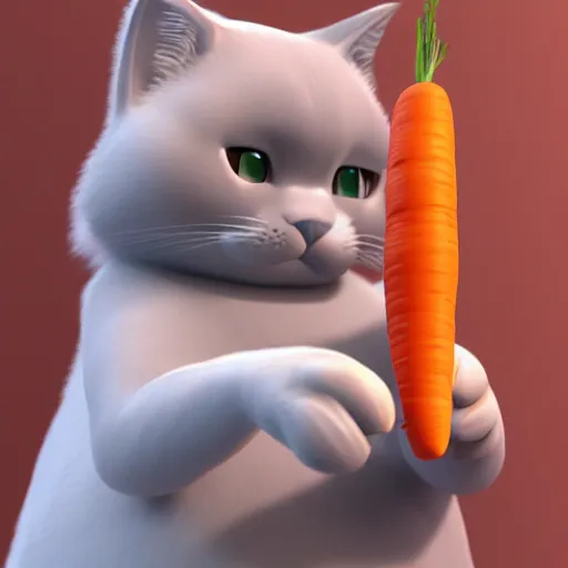 Prompt: big tabby cat with white paws biting a carrot 3d render