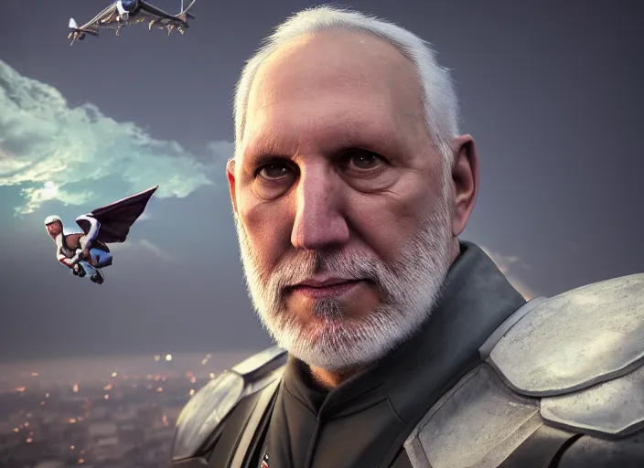 Prompt: facial portrait of greg popovich flying over san antonio, fantasy, super hero art, oil on canvas, octane render, spurs suit, trending on artstation