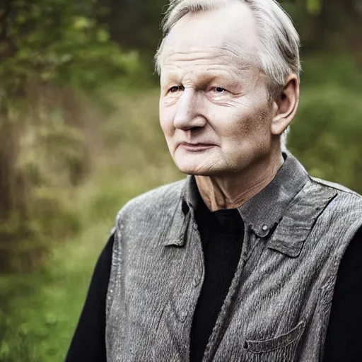 Image similar to an elderly stellan skarsgard poses for a portrait, he has long grey hair and beard, wearing black armor and holding sword