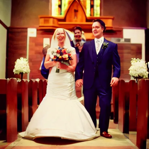 Prompt: a rhinoceros wearing a tiny suit in a wedding chapel, photo realistic, detailed, cinematic lighting, kodachrome