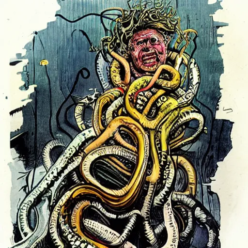 Image similar to graphic illustration, creative design, medusa, biopunk, by ralph steadman, francis bacon, hunter s thompson