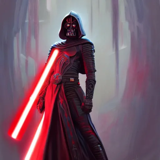 Image similar to Billy Butcher as a Sith Lord with red light saber and in power armor, western, D&D, fantasy, intricate, elegant, highly detailed, digital painting, artstation, concept art, matte, sharp focus, illustration, art by Artgerm and Greg Rutkowski and Alphonse Mucha