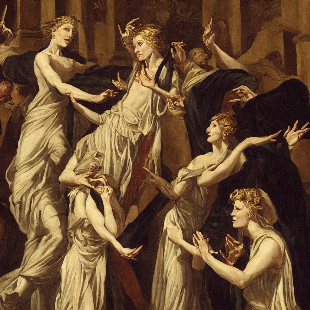 Prompt: Neoclassicist painting of cate blanchett making deal with Satan in a Masonic Temple