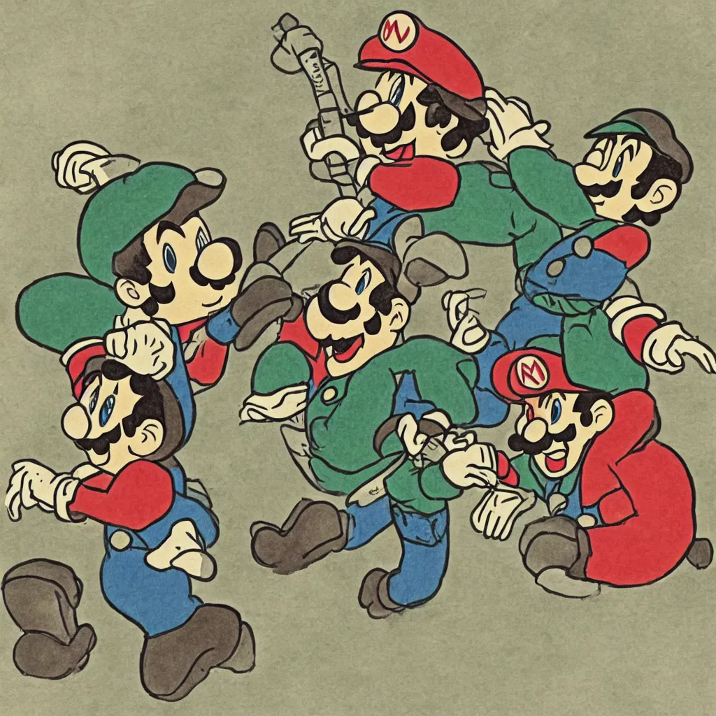 Prompt: Mario and Luigi depicted as an Edo-era illustration