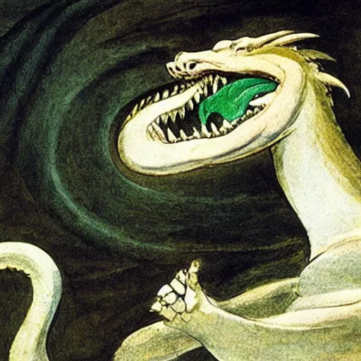 Image similar to an opera soprano singing and dragons are coming out of her mouth, william blake